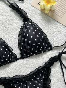 Swim Mod 2-Piece Floral Print Mesh Trim Halter Bikini Set With Tie Side Bottoms, Sexy Swimwear - Black and White - View 5