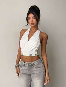 Aloruh Women's Vacation & Daily Wear Deep V Neck Halter Backless Shell Button White Tank Top - White - View 3