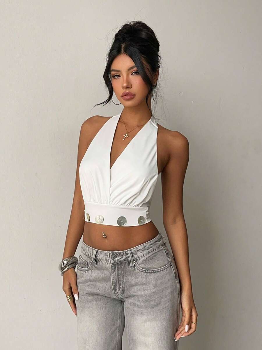 Aloruh 女士度假及日常穿着深V领露背贝壳纽扣白色吊带背心 - 白色 - 查看 1