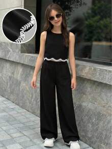 SHEIN Tween Girls Casual Commuter Black Round Neck Hem Tape Trim Tank Top And Leggings Set - Black - View 7