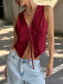 SHEIN Comfortcana Plus Size Casual Solid Color Sleeveless Shirt With Front Tie, Summer - Red - View 4