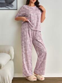 EURMUSE Conjunto de pijama de mujer de talla grande de algodón con pantalón largo y camisa de manga corta con estampado de corazones de color contrastante para estar cómoda en casa - Multicolor - Ver 1