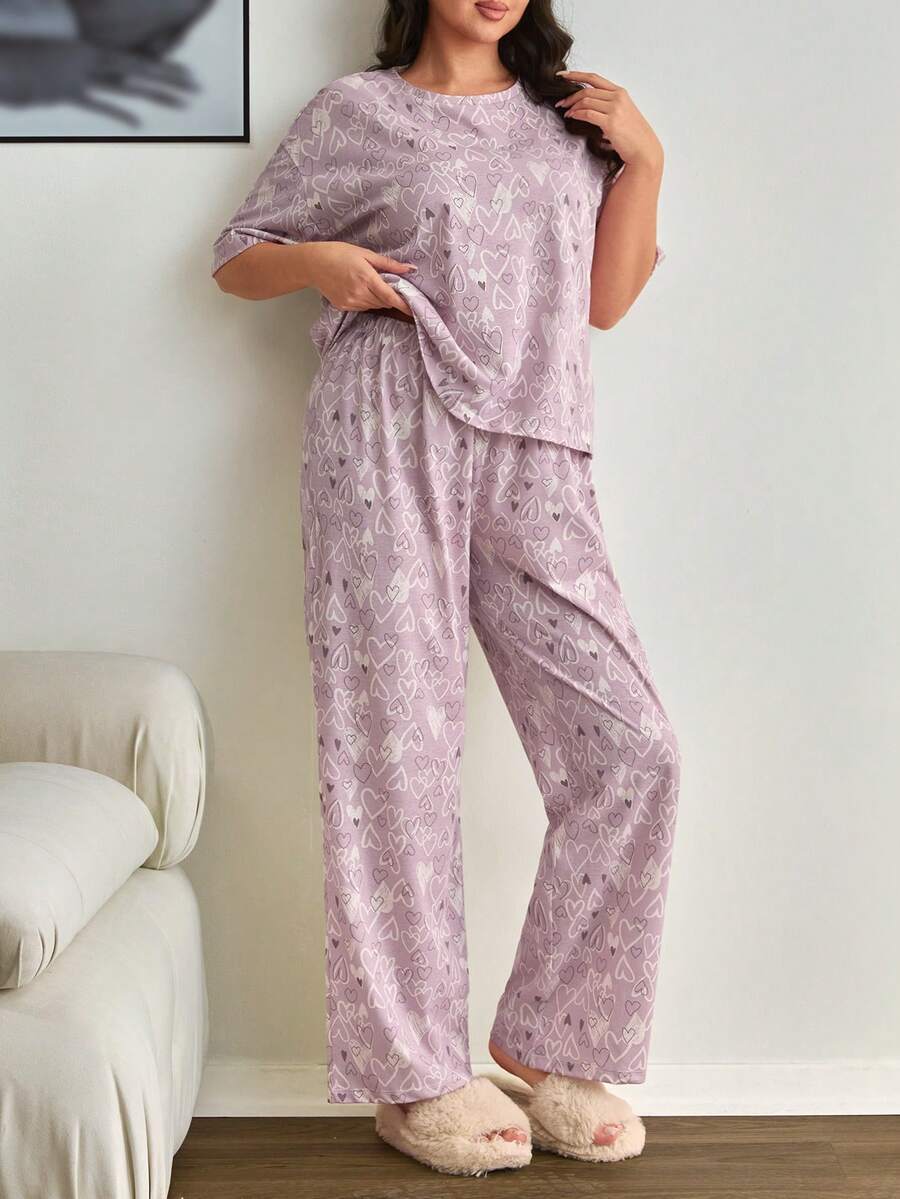EURMUSE Conjunto de pijama de mujer de talla grande de algodón con pantalón largo y camisa de manga corta con estampado de corazones de color contrastante para estar cómoda en casa - Multicolor - Ver 1