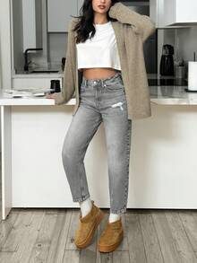 EURMUSE HIGH RISE MOM CUT RIPPED WOMEN JEANS - Grey - View 4
