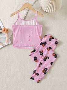 SHEIN Tween Girl Cartoon Print Snug Fit Short Sleeve & Long Pants Cute Casual Knit Pajama Set - Baby Pink - View 8