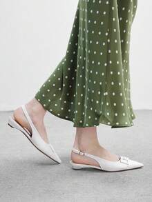 CUCCOO BIZCHIC 白色金屬扣小斜跟低跟高雅優雅白色粗紋PU女式平底鞋露跟通勤約會日常晚餐 - 純白色 - 查看 5