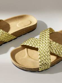 Solecia Women Shoes Summer Cross-Braided Band Round Toe Thick Bottom Fashion Leather Gold Slippers Daily Party - Gold - View 5