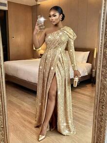 SHEIN Lady Đầm dự tiệc cỡ lớn thanh lịch in sequin xẻ tà - Vàng - Xem 2