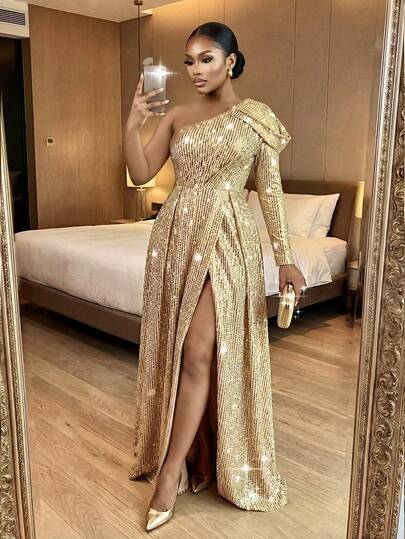 SHEIN Lady CURVE Büyük Beden Şık Parti Payetli Yırtmaçlı Elbise