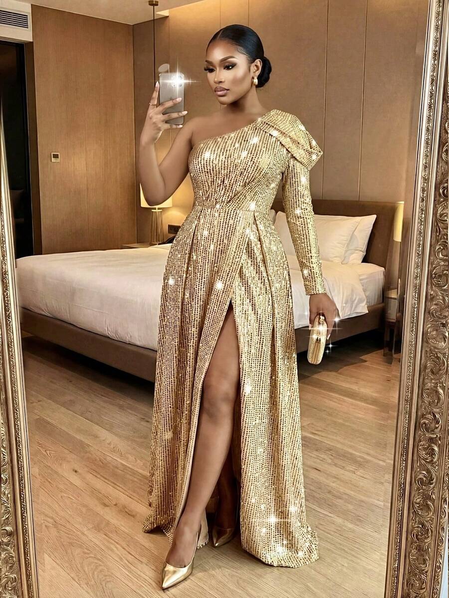 SHEIN Lady Đầm dự tiệc cỡ lớn thanh lịch in sequin xẻ tà