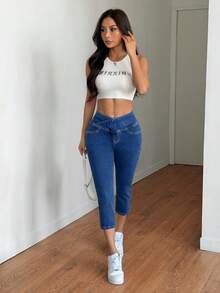 SHEIN Tall 2026 Summer Tall Women's Casual Summer Vacation Outfits For Women Solid Color Elastic Waist Cross-Waist Design With High-Stretch Fabric Slant Pocket Casual Cropped Denim Jeans - Dark Wash - View 6