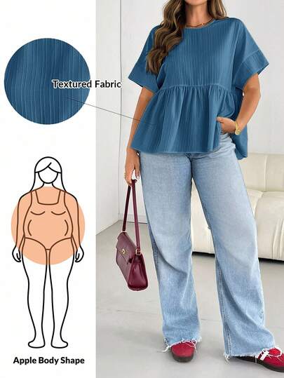 SHEIN Essnce Blusa de mujer de talla grande de primavera y verano, de estilo casual, suelta y cómoda para uso diario, de tela de textura delgada y versátil, de manga corta, de estilo sencillo, con silueta curva y linda, para salir, blusa de mujer, verano europeo, con volantes, para ir de brunch, para salir