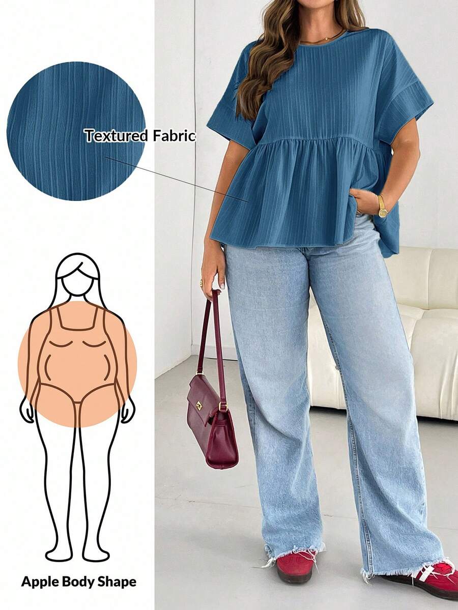 SHEIN Essnce 大码女装春夏时尚休闲宽松舒适日常百搭修身短袖衬衫，简约风格，凸显曲线，可爱上衣，外出上衣，女士衬衫，欧洲夏季，荷叶边上衣，早午餐，外出上衣 - 藍色 - 查看 1