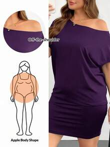 SHEIN Essnce 女士大码夏季连衣裙。黑色休闲连衣裙，露肩连衣裙，单肩连衣裙，夏季女士休闲连衣裙，露肩连衣裙，黑色迷你连衣裙，外出连衣裙 - 紫色 - 查看 1