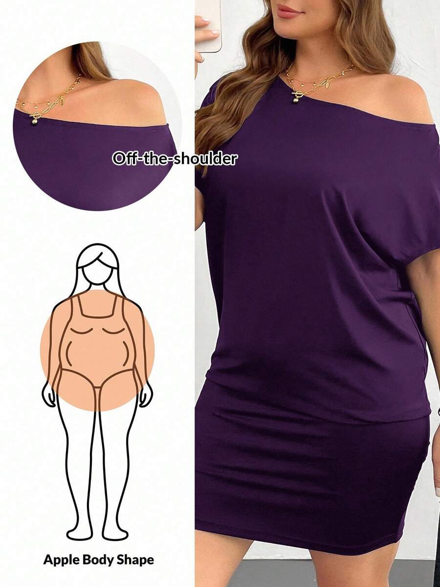 SHEIN Essnce 女士大码夏季连衣裙。黑色休闲连衣裙，露肩连衣裙，单肩连衣裙，夏季女士休闲连衣裙，露肩连衣裙，黑色迷你连衣裙，外出连衣裙 - 紫色 - 查看 1