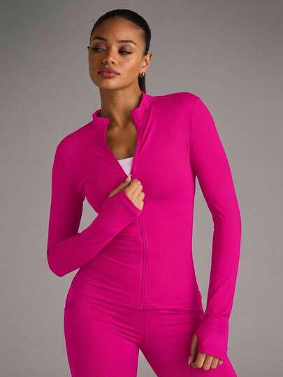 SHEIN BAE Women's Simple Solid Color Zip-Up Fitted Sports Jacket