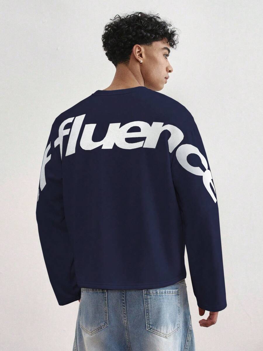 TOKVUE 男士休闲字母印花圆领长袖T恤 - 寶藍色 - 查看 1