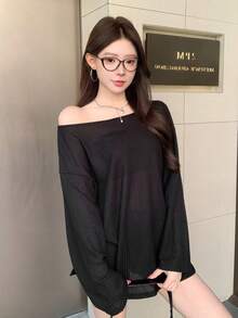 DAZY 女款鏤空肩開衩寬鬆Y2K休閒T恤，適合校園、日間日常、約會之夜，黑色，秋季 - 黑色 - 查看 2