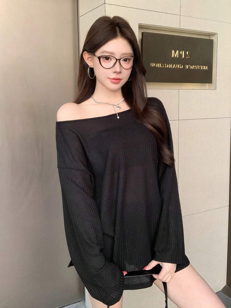 Women's Cutout Shoulder Slit Oversized T-Shirt