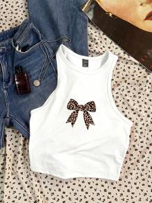 Attitoon Áo tank top nữ ngắn cổ tròn màu hồng, kiểu dáng retro dễ thương, họa tiết da báo thắt nơ, thích hợp cho mùa hè. - trắng - Xem 1