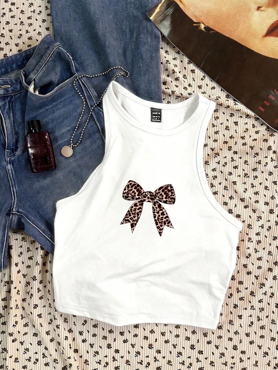 Attitoon Áo tank top nữ ngắn cổ tròn màu hồng, kiểu dáng retro dễ thương, họa tiết da báo thắt nơ, thích hợp cho mùa hè. - trắng - Xem 1