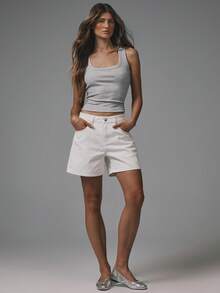 MUSERA 及膝牛仔短裤，秋季基础款，可爱街头风，外出休闲百搭，春夏必备单品 - 白色 - 查看 2