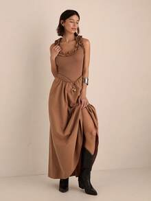 Easelle Vestido largo de verano con cuello de barco, cintura ceñida y decoración de volantes en un estilo elegante y sencillo para vacaciones, de color liso - Marron oscuro - Ver 5