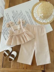 Bộ đồ ngủ bé gái gồm áo hai dây và quần ống rộng thêu hoa, kiểu dáng babydoll, thích hợp cho kỳ nghỉ hè ở bãi biển. - Màu be - Xem 2