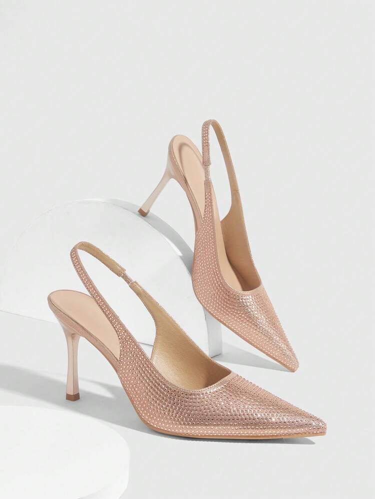 CUCCOO SZL Sexy Fashion Pointed Toe Rhinestone Champagne High Heel Pumps, Backless Party Dress Shoes For Women Valentine's Day Spring Shoes