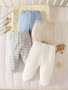 SHEIN Bộ 4 quần cho bé sơ sinh, kiểu dáng unisex, chất liệu vải dệt kim mềm mại, co giãn, thích hợp mặc mùa hè. - Màu xanh lam - Xem 6