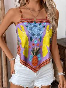 Selianne Áo tank top hai dây dáng rộng in họa tiết hoa lá dành cho nữ, kiểu dáng thường ngày. - Màu tím hoa cà - Xem 5