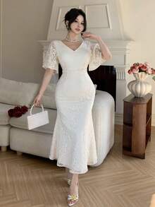 DAZY Đầm đuôi cá ren cổ chữ V tay bồng thanh lịch dành cho nữ, đầm mùa hè, đầm dự tiệc cưới, đầm hè cho nữ. - Màu be - Xem 4