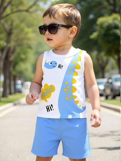 2pcs/Set Baby Boy Casual Cute Cartoon Dinosaur Print Vest Top And Solid Color Shorts Outfit, Blue & White Dinosaur Summer Set