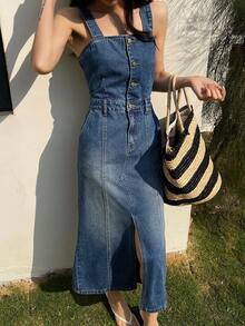 DAZY Women's Waist Cinching Suspender Dress, Casual & Elegant Denim Jumper Dress - Medium Wash - View 1