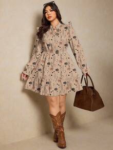 Elaquor Vestido casual de manga larga con cuello de lazo, volantes y estampado floral para mujer de talla grande, apto para primavera/invierno - Multicolor 2 - Ver 4