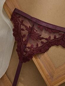 女士花卉刺绣吊带文胸、丁字裤和吊袜带身体饰品内衣套装，性感日常穿着 - 紅木色 - 查看 5