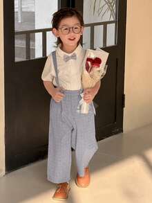 DAZY Young Boy's White Short Sleeve Shirt And Detachable Suspender Pants Gentleman Suit Set, Spring/Summer/Autumn - White - View 1