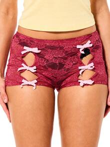 SUMWON WOMEN Lace Boyshorts With Ribbon Bow Details Cut Out Design Intimate Lingerie Booty Shorts For Valentine's Day - Red - View 3