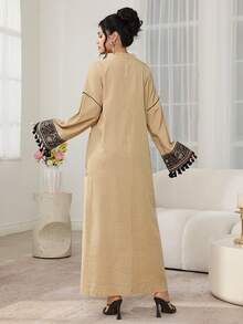 Al Najma Abaya Women's Long Robe, Exquisite Embroidered Sash Bohemian Style Dress, Middle Eastern, Dubai, Turkish - Khaki - View 2