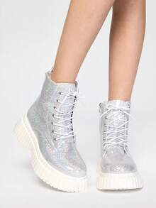 ROMWE Grunge Punk 欧美简约时尚粗跟中跟短靴，秋冬亮粉机车靴，女靴 - 銀色 - 查看 1