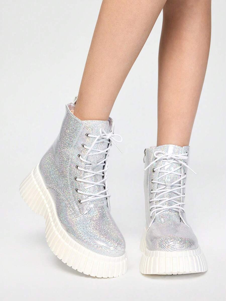 ROMWE Grunge Punk 欧美简约时尚粗跟中跟短靴，秋冬亮粉机车靴，女靴 - 銀色 - 查看 1