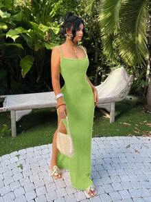 SHEIN SXY Đầm hai dây xẻ cao màu trơn, kiểu dáng thường ngày cho kỳ nghỉ hè. - màu xanh lá - Xem 4