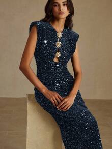 Revavyn Đầm dài sang trọng bằng nhung đính sequin, khóa kim loại rỗng ở eo và vai cách điệu dành cho nữ, thích hợp dự tiệc. - Màu xanh lam - Xem 4