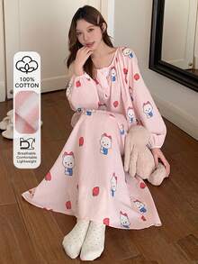 DAZY 可爱条纹卡通熊印花褶皱灯笼袖宽松长款女士睡裙 - 粉色 - 查看 4