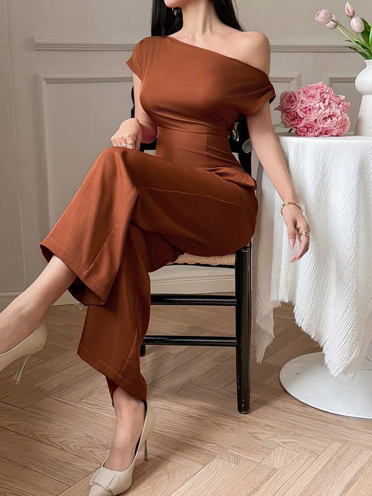 Women's Elegant Solid Color Asymmetrical Shoulder Wide Leg Jumpsuit, Summer Jumpsuit