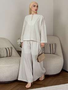 DAZY 2pcs/Set Women Striped White Loose Top And Casual Pants - White - View 5