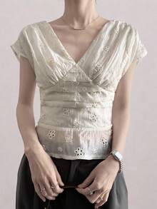 DAZY Women's V-Neck Lace Fabric Waist Cinched Short Casual Elegant Blouse, Summer - Beige - View 4