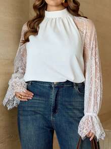Roveilla 大码女式蕾丝袖双面半透明高领优雅衬衫，灯笼袖雪纺拼接上衣 - 白色 - 查看 3