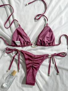 Swim Mod 女士亮面布料露背圆形装饰珠饰比基尼套装，春夏款 - 紅色 - 查看 2