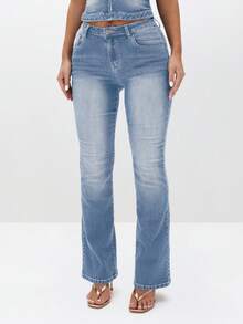 BABYPHAT Bộ jumpsuit denim co giãn cạp thấp, ống loe rộng, cổ yếm, hở lưng, có túi và đai, thích hợp cho phong cách retro mùa hè năng động và dự tiệc. - Rửa nhẹ - Xem 5